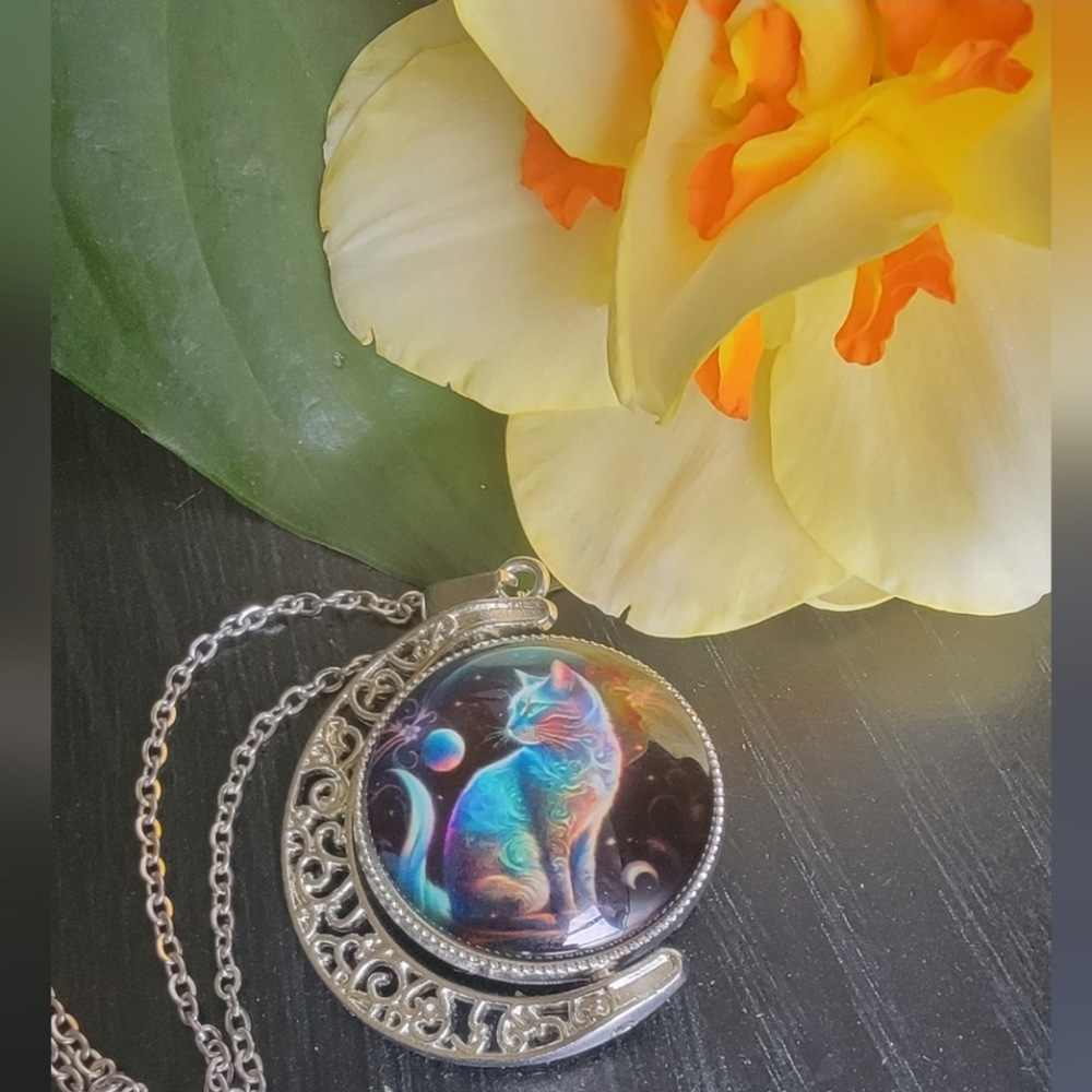 Cat and  Cresent Moon necklace.  360 rotation. NwT* - Picture 6 of 6